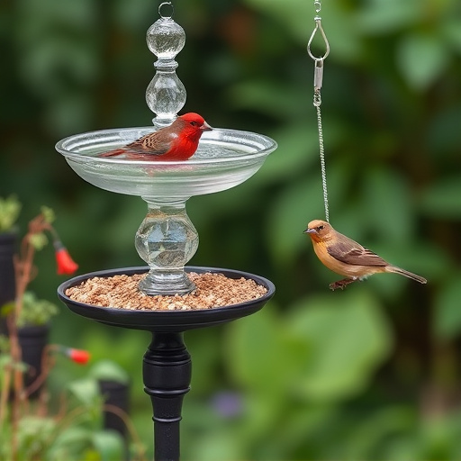 Birdbath beside feeder with seed mix