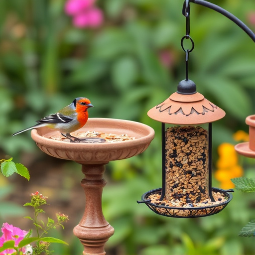 Birdbath beside feeder with seed mix
