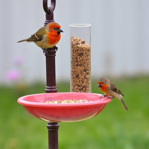 Birdbath beside feeder with seed mix