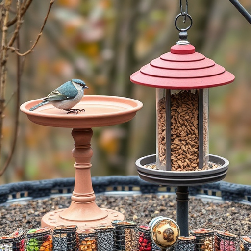 Birdbath beside feeder with seed mix