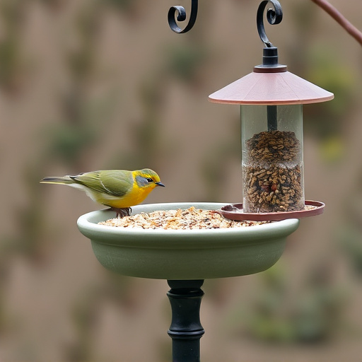 Birdbath beside feeder with seed mix