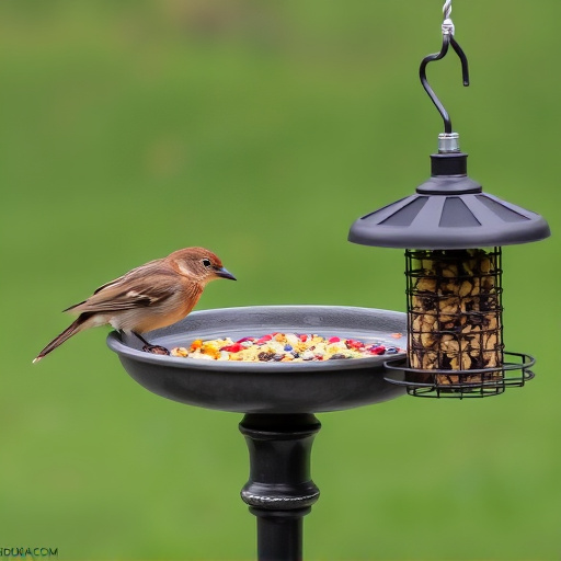 Birdbath beside feeder with seed mix