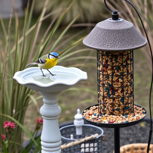 Birdbath beside feeder with seed mix