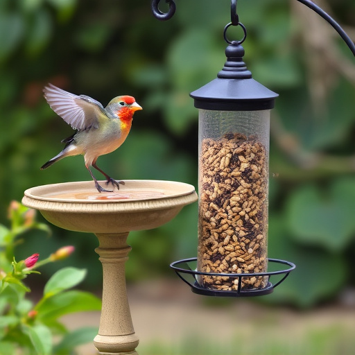 Birdbath beside feeder with seed mix