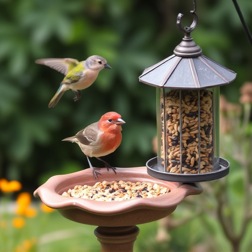 Birdbath beside feeder with seed mix