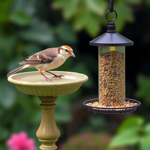 Birdbath beside feeder with seed mix