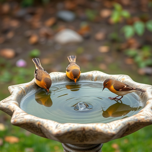 Birdbath with birds drinking water
