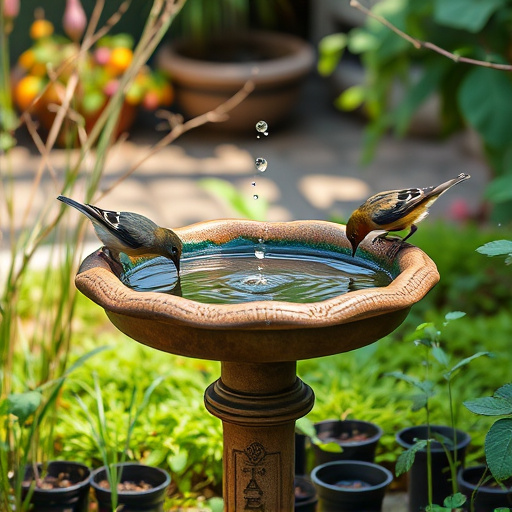 Birdbath with birds drinking water
