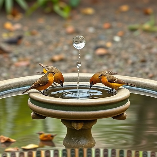 Birdbath with birds drinking water