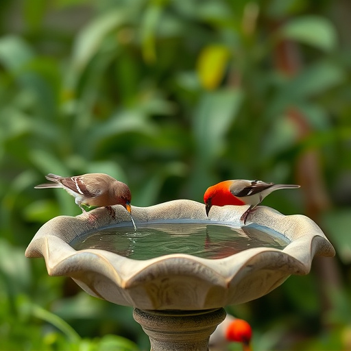 Birdbath with birds drinking water