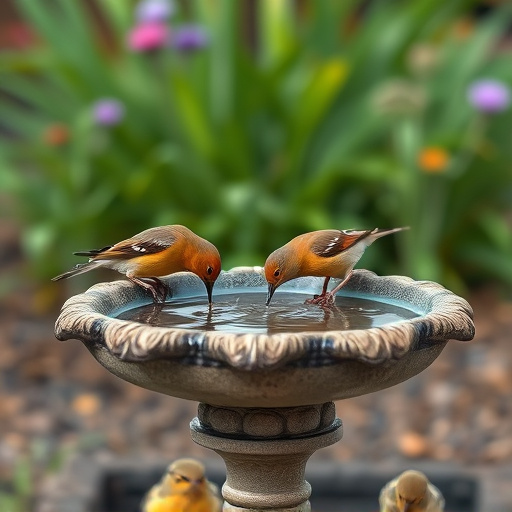 Birdbath with birds drinking water