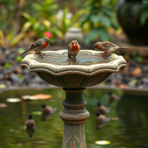 Birdbath with birds drinking water