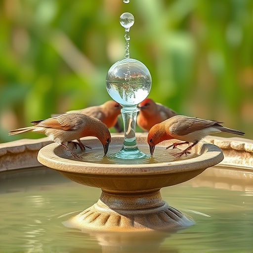 Birds drinking from clean bird bath