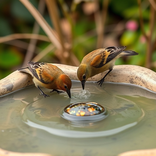 Birds drinking from clean bird bath
