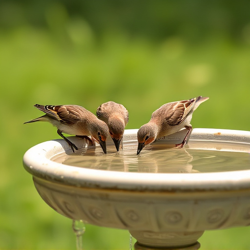 Birds drinking from clean bird bath