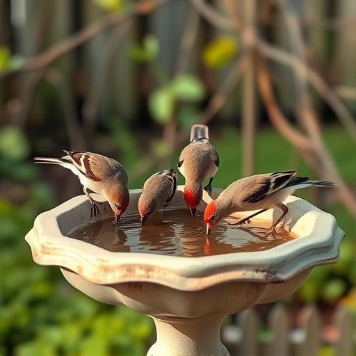 Birds drinking from clean bird bath