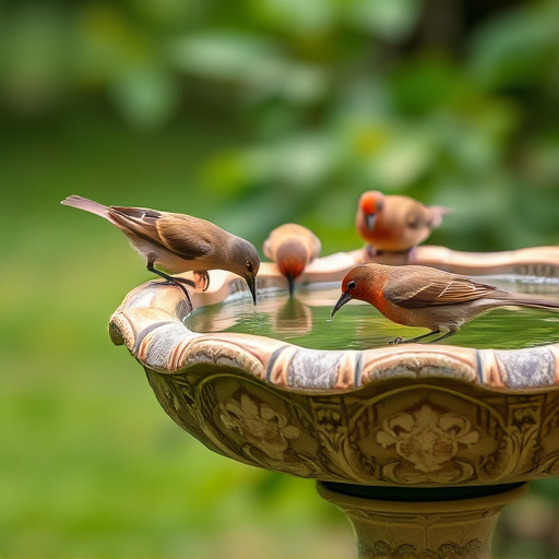 Birds drinking from clean bird bath
