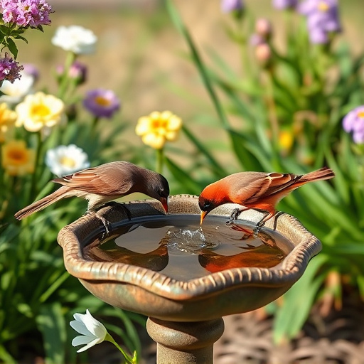 Birds drinking from garden water dish