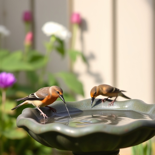 Birds drinking from garden water dish