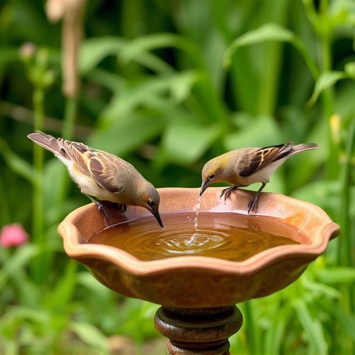 Birds drinking from garden water dish