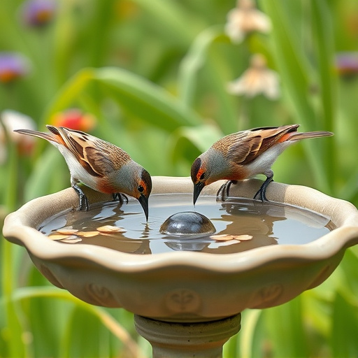 Birds drinking from garden water dish