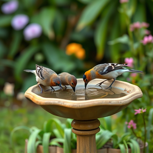 Birds drinking from garden water dish