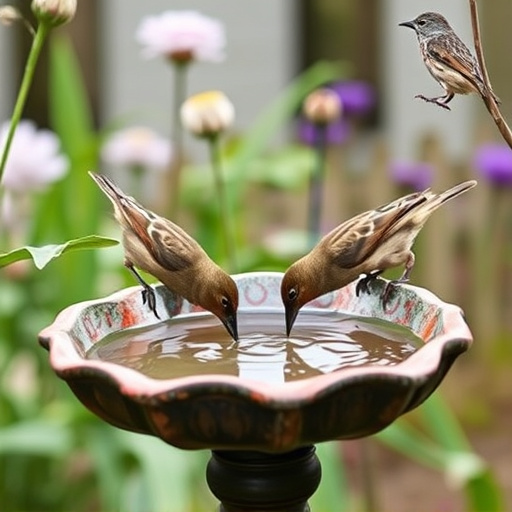 Birds drinking from garden water dish
