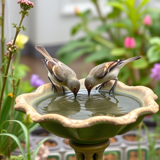 Birds drinking from garden water dish