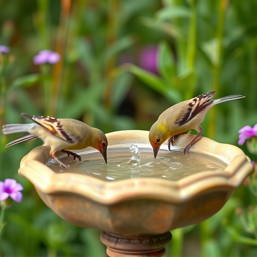 Birds drinking from garden water dish