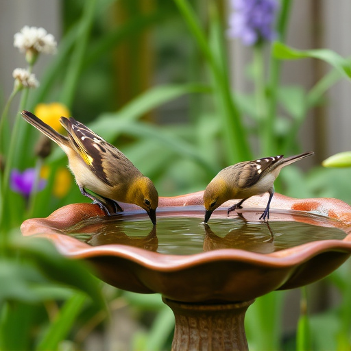 Birds drinking from garden water dish
