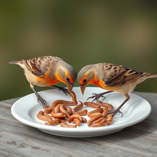Birds eating mealworms on plate