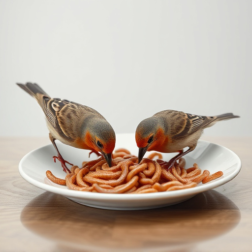 Birds eating mealworms on plate