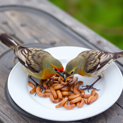 Birds eating mealworms on plate