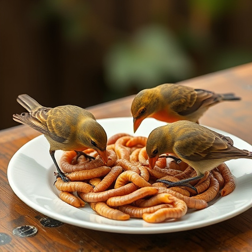 Birds eating mealworms on plate