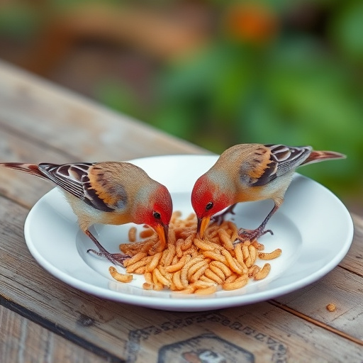Birds eating mealworms on plate