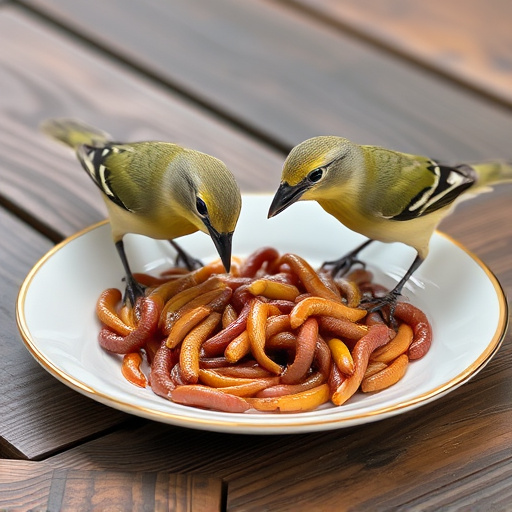 Birds eating mealworms on plate