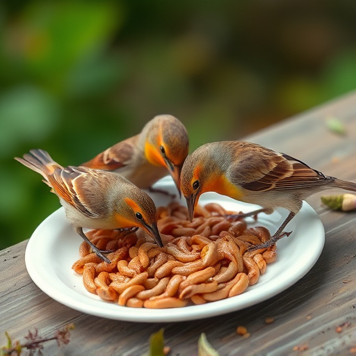 Birds eating mealworms on plate