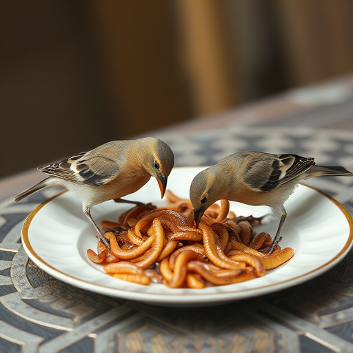 Birds eating mealworms on plate