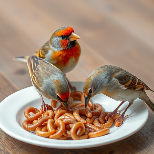 Birds eating mealworms on plate