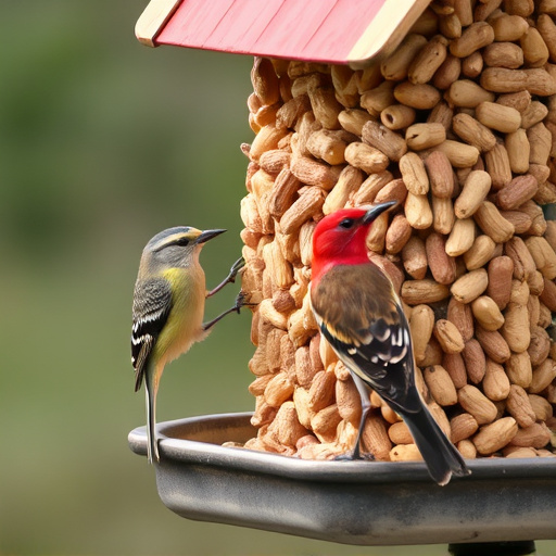 Birds eating peanuts from feeder