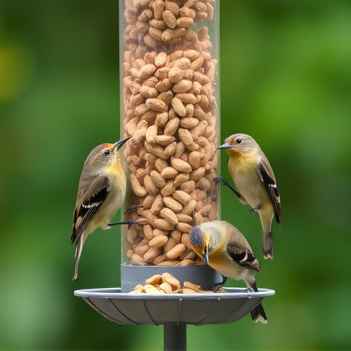 Birds eating peanuts from feeder