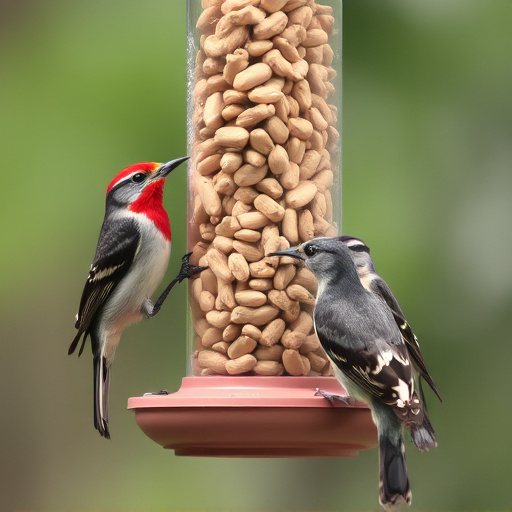 Birds eating peanuts from feeder