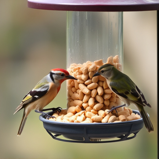 Birds eating peanuts from feeder