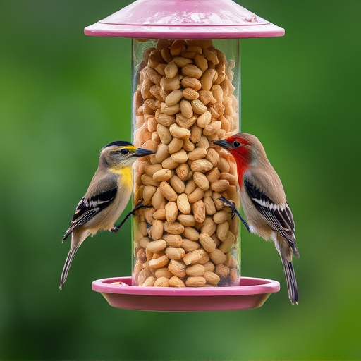 Birds eating peanuts from feeder