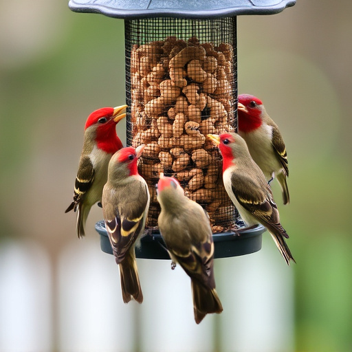 Birds eating peanuts from feeder