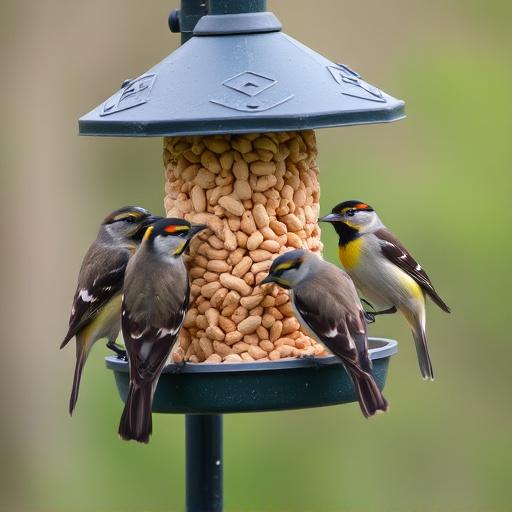 Birds eating peanuts from feeder