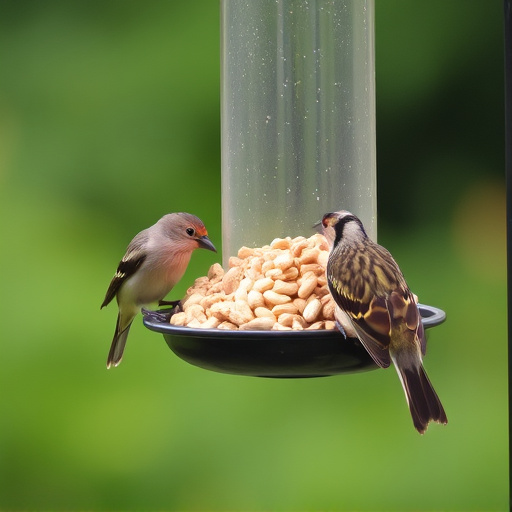 Birds eating peanuts from feeder