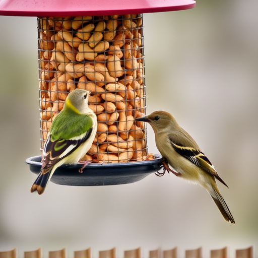 Birds eating peanuts from feeder