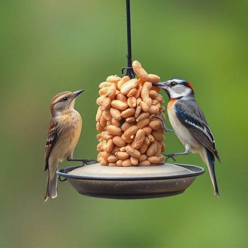 Birds eating peanuts from feeder