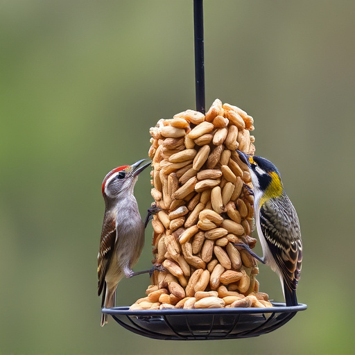 Birds eating peanuts from feeder